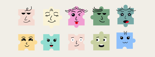 Abstract Puzzle creatures with Faces. Various Emotions. Different colored characters. Bright textures. Cartoon style. Flat design. Hand drawn trendy Vector illustration. 