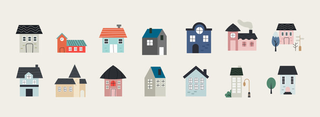 Various small tiny houses, trees and mountains. Paper cut style. Flat design. Hand drawn trendy illustration. Big colored vector set. 