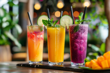 Fototapeta premium Three vibrant, refreshing cocktails with fresh garnish and straws, set against a colorful background, perfect for a tropical setting.