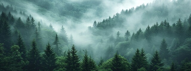  A forest teeming with numerous green trees shrouded in dense fog No smog present