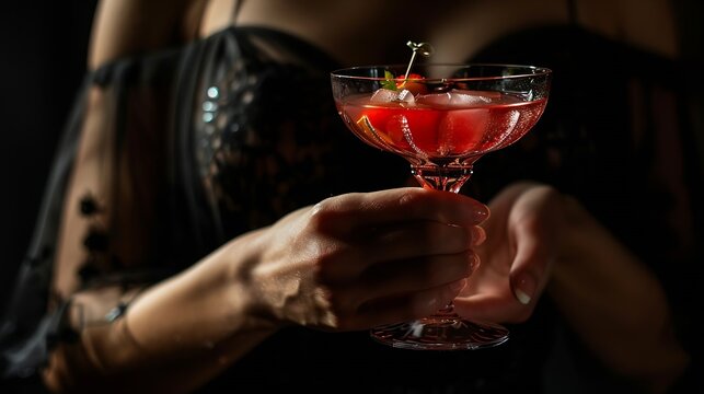 opular Cocktails  Cafe Bar Product Shooting  Life Style Editorial  Woman Holding Cocktail  Black Background Cocktail Shooting : Generative AI