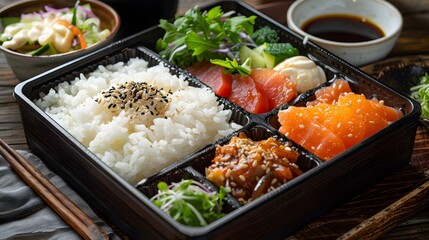 A delicious and healthy bento box with salmon, rice, vegetables, and salad.