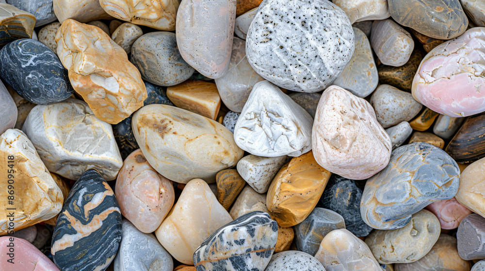 Poster colorful pebbles and rocks texture the background in a top view. the background features different c