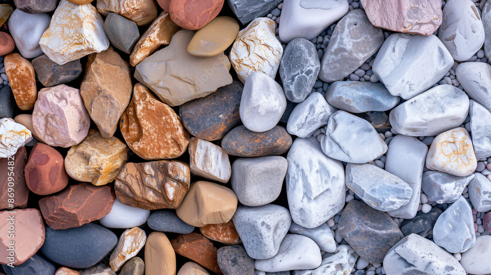 Poster colorful pebbles and rocks texture the background in a top view. the background features different c