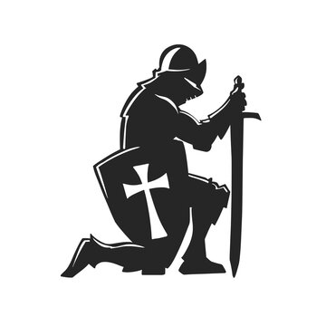recommend clip art: Vector cartoon of a medieval knight silhouette kneeling with shield and sword