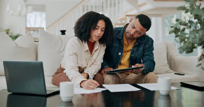 Couple, tablet and discussion with documents for finance, budget planning or checklist on expenses at home. Man and woman discussing paperwork with technology for financial bills or payments at house