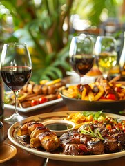 A delicious meal of grilled meats and vegetables with red wine.