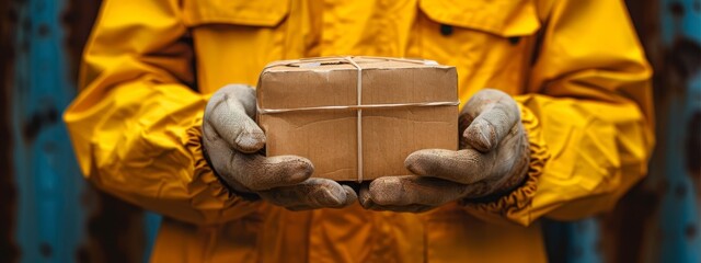  A person holds a brown box in each hand, one atop the other He wears a yellow raincoat