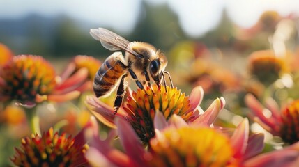 A bee on a brightly colored flower in a pollinator-friendly garden, highlighting the importance of bees in the ecosystem