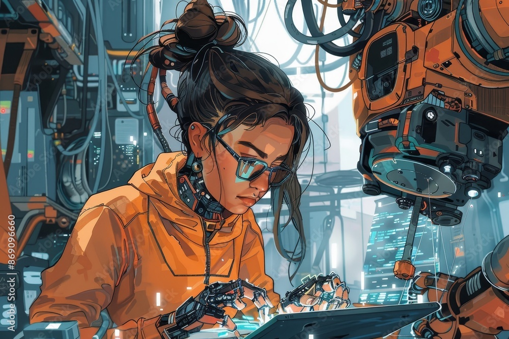 Poster woman using tablet in factory, a woman with glasses and a messy bun surrounded by gadgets and gizmos