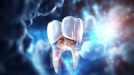 Detailed 3D rendering of dental anatomy cross section, ideal for educational use.