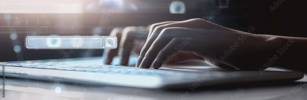 Poster closeup of a hand typing on a laptop keyboard with a search bar overlay, showing modern technology a