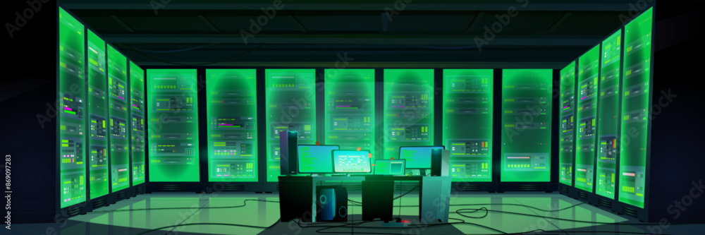Poster data center interior with green glow supercomputer and control panel in center. cartoon vector illus