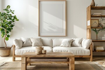 White Sofa and Bookcase with Natural Wood Coffee Table by Art Poster Frame on White Wall in Modern Boho Living Room