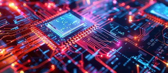 Obraz premium Circuit Board with Glowing Red and Blue Lines