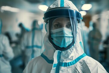 Doctor virus medicine in hospital. Mask woman for protection. Disease scientist health. Epidemic laboratory safety. Coronavirus corona equipment in pandemic. Medical suit
