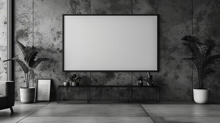 Mockup of a modern living room with a large blank white screen, concrete wall, and potted plants. Minimalistic composition with copy space.