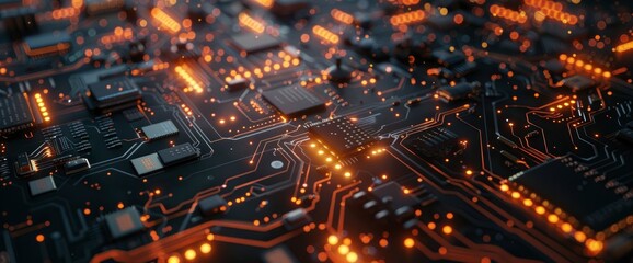 Obraz premium Sci-Fi Circuit Board With Glowing Components , Wallpapers HD, Background