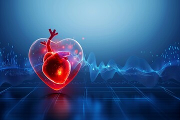 Virtual heart model with cardiograph line medical banner