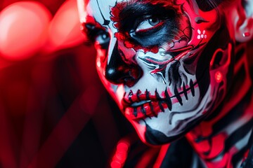 Dark Halloween horror. Evil skull and scary face. Dead death skeleton demon. Background fear in black. Woman with makeup. Costume portrait gothic fantasy. Nightmare creepy female.