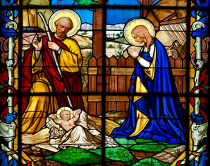 Christmas Nativity Scene with Virgin Mary, Saint FJoseph, and Jesus Christ baby. Crèche de Noël...
