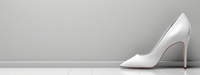  A pristine pair of white high heels sits atop a white tile floor, adjacent to a gray wall