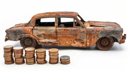 rusty old car wrecks and stack coins on white background. Concept of car wrecks and scraps of money