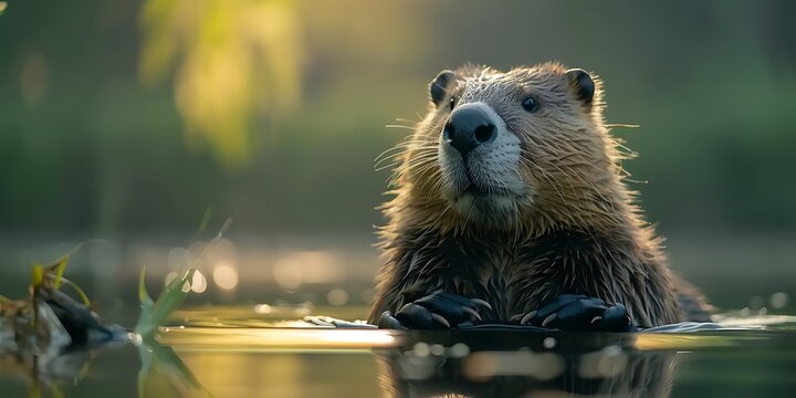 shot of a wild beaver swimming in a lake, nature series