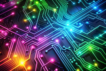 Futuristic neon line network background. High-tech circuit board in bright colors.