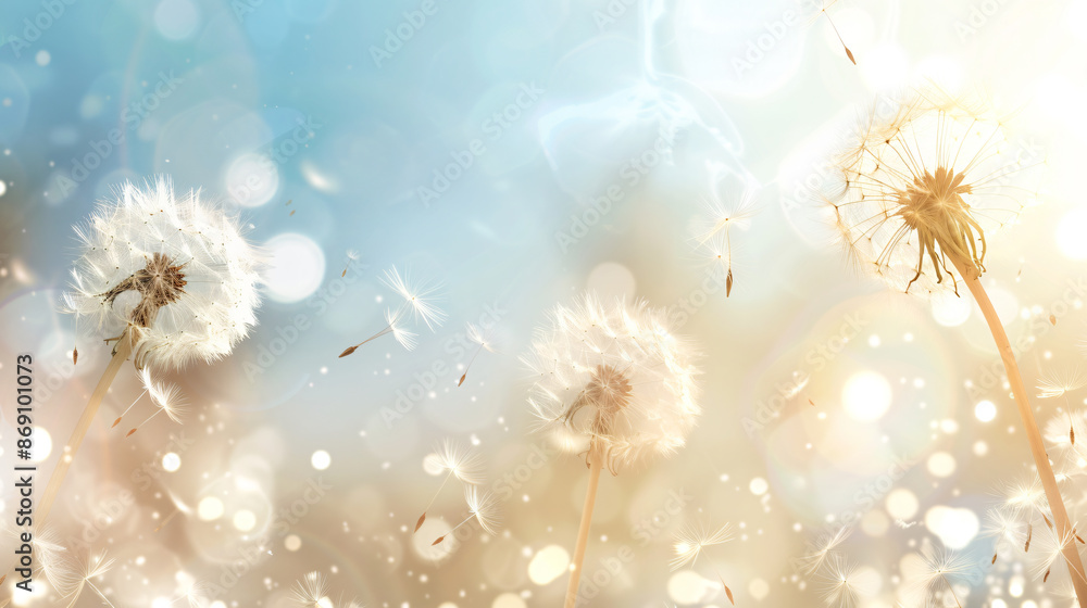 Aufkleber a light background with dandelion seeds blowing in the wind, in the style of a vector illustration, 