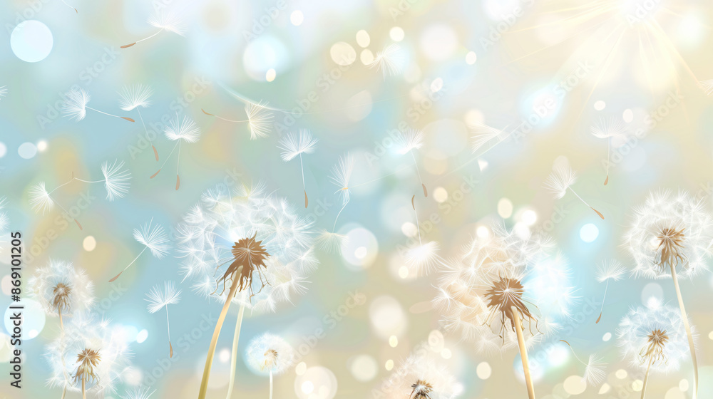 Poster a light background with dandelion seeds blowing in the wind, in the style of a vector illustration, 