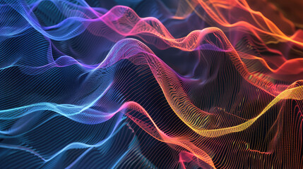 Fototapeta premium This is an abstract image of colorful waves. The colors are blue, green, yellow, orange, and pink. The waves are flowing in different directions.
