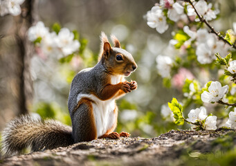 Obraz premium Squirrel Amidst Blossoming Spring Flowers