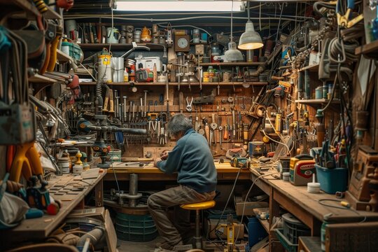 A man is seated at a workbench in a cluttered workshop surrounded by tools and materials, A workshop cluttered with tools and materials, with a handyman working at a workbench