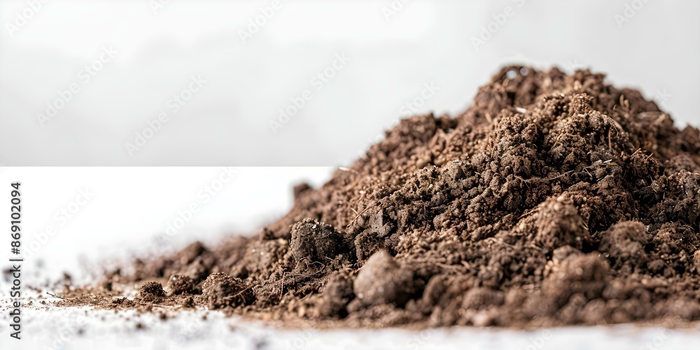 Poster white background with isolated pile of soil centered professional photo copy space selective focus. 