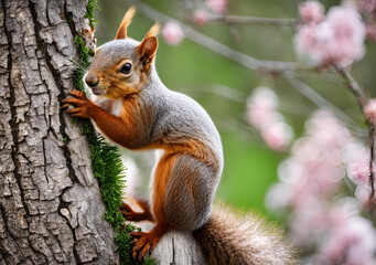Obraz premium Tree Climber: A squirrel climbing up a tree trunk with pink blossoms in the background