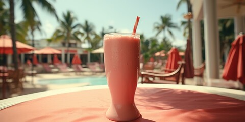 Fototapeta premium Pink Smoothie on a Table Near a Pool