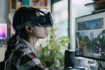 Young Asian woman immersed in gaming experience with virtual glasses on while playing video game, A young Asian woman developer working on a cutting-edge virtual reality project