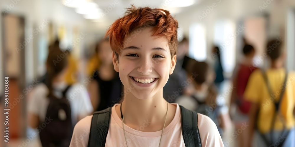Poster nonbinary student smiling with classmates in school hallway wearing backpacks and uniforms. concept 