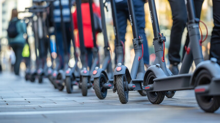 Obraz premium Electric scooters stand in a row, for commuting, for recreation. Environmentally friendly transport, outdoors