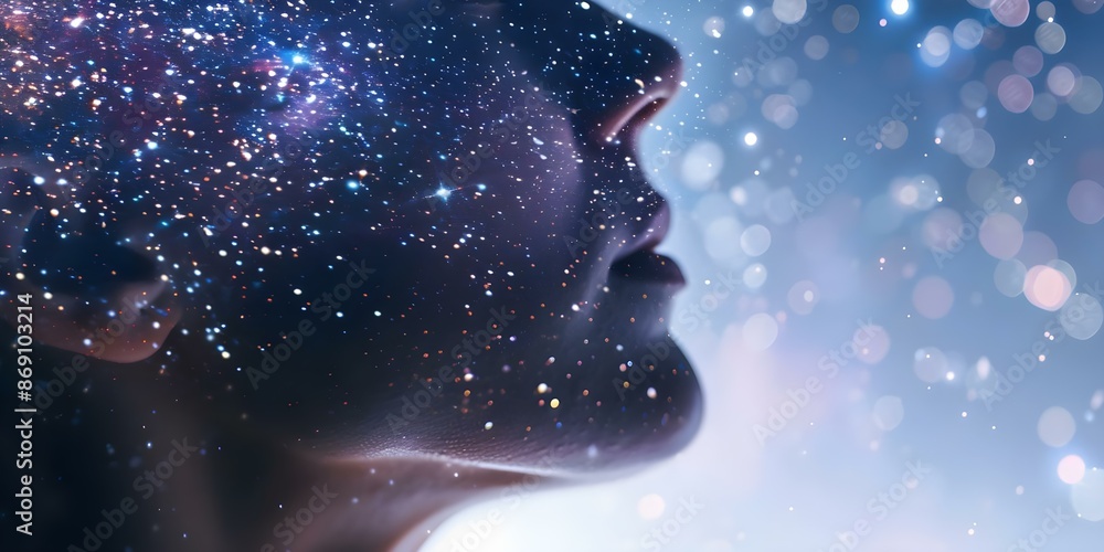 Poster closeup profile of serene avatar in ethereal form floating in starry digital space. concept digital 