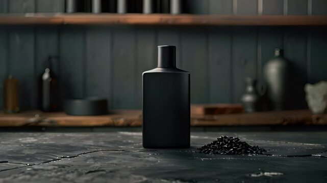 Minimalist matte black perfume bottle. Square bottle on dark black background
