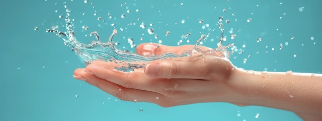  Person's hand releasing water from a blue container against a blue backdrop