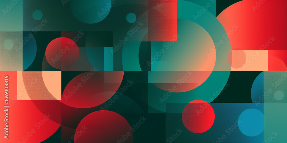 Poster red and green background with geometric shapes, circles and squares in a gradient of blue to dark bl