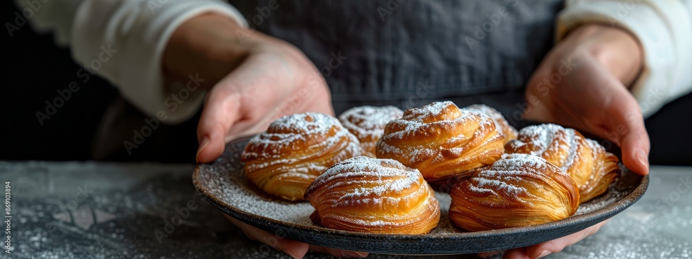 Wall mural  A person holds a plate of pastries, displaying one in front of a plate of powdered sugar-covered croissants - Wall murals