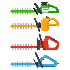 Electric hedge trimmers vector cartoon set isolated on a white background.