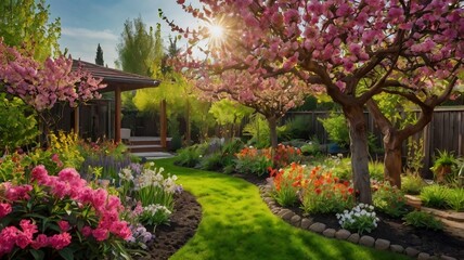 Obraz premium very nice and well looking and attractive garden near the small old cottage in spring season