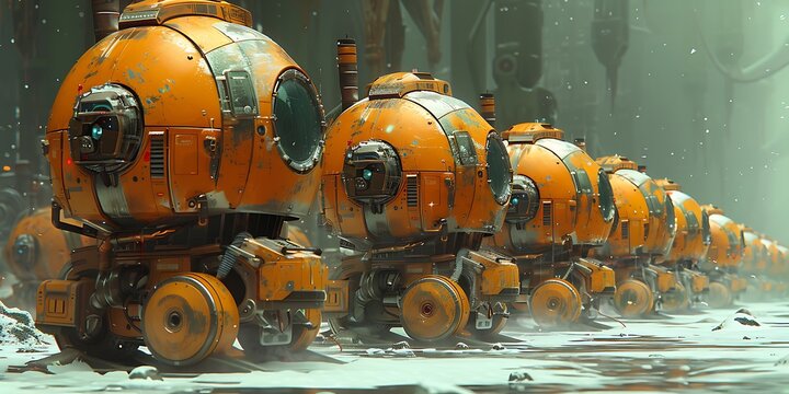 3D rendering of an orange robot in an abandoned space station.