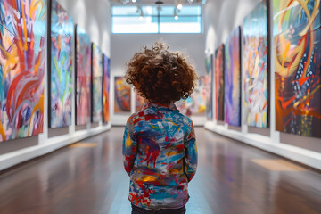 A young child with curly hair stands in an art gallery, surrounded by colorful abstract paintings, observing the artwork.
