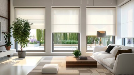 White roller blinds on the windows in the living room